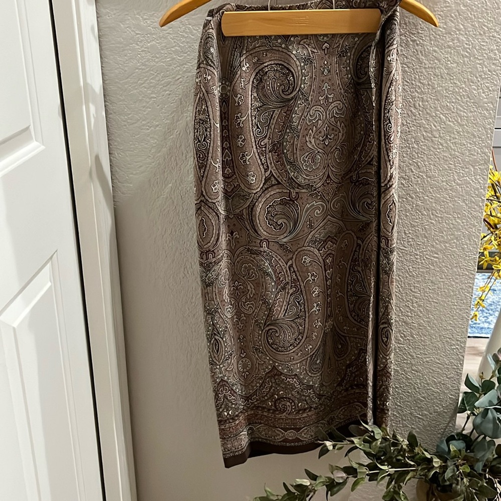 VTG Silk Straight Wrap Maxi, Sz 4 Gorgeous Brown Shades with Olive Green, Lined